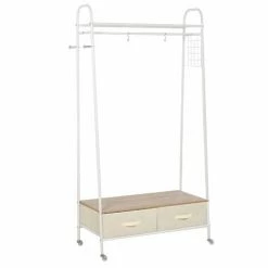 HOMCOM Rolling Coat Rack Clothes Stand Garment Storage Shelf W/ 2 Drawers Metal