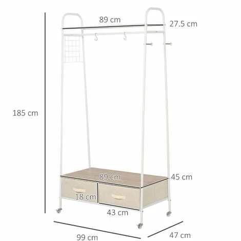 HOMCOM Rolling Coat Rack Clothes Stand Garment Storage Shelf w/ 2 Drawers Metal