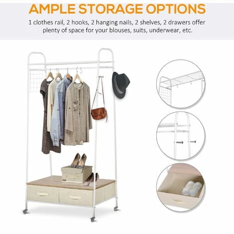 HOMCOM Rolling Coat Rack Clothes Stand Garment Storage Shelf w/ 2 Drawers Metal