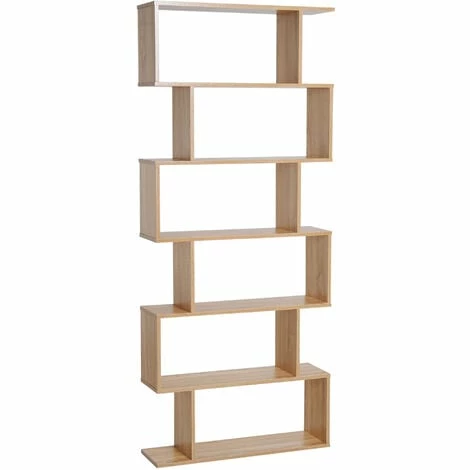 HOMCOM 6-Tier Wooden Modern S-Shaped Shelf Storage Unit Home Office Oak Colour