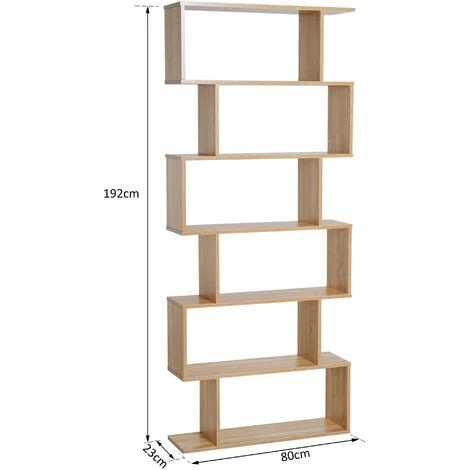 HOMCOM 6-Tier Wooden Modern S-Shaped Shelf Storage Unit Home Office Oak Colour