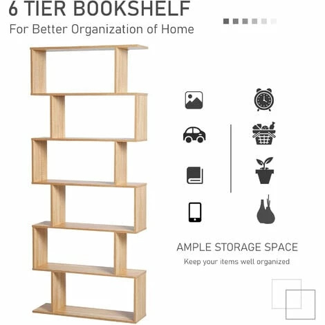 HOMCOM 6-Tier Wooden Modern S-Shaped Shelf Storage Unit Home Office Oak Colour