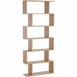 HOMCOM 6-Tier Wooden Modern S-Shaped Shelf Storage Unit Home Office Maple Colour