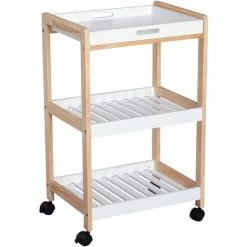 HOMCOM 3 Tier Mobile Trolley Cart Bamboo MDF Rolling Wheels Kitchen Café White