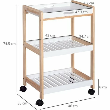 HOMCOM 3 Tier Mobile Trolley Cart Bamboo MDF Rolling Wheels Kitchen Café White