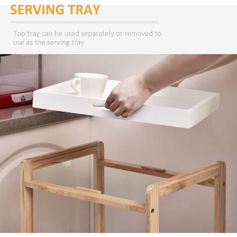 HOMCOM 3 Tier Mobile Trolley Cart Bamboo MDF Rolling Wheels Kitchen Café White