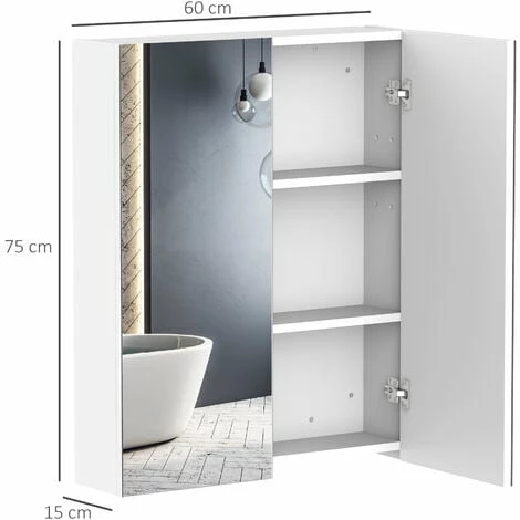 HOMCOM 60x75cm Mirror Cabinet Wall Mount Storage Organizer Door Adjustable Shelf