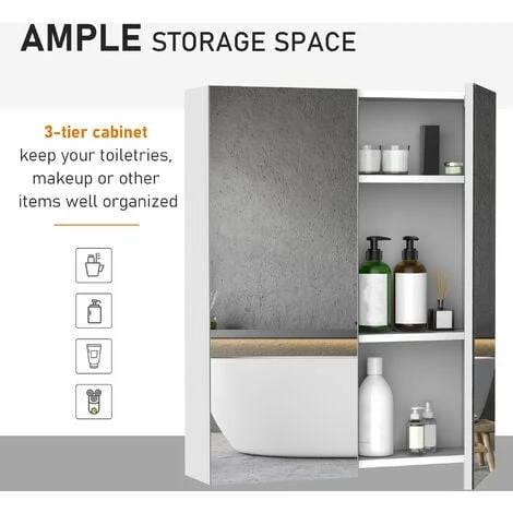 HOMCOM 60x75cm Mirror Cabinet Wall Mount Storage Organizer Door Adjustable Shelf