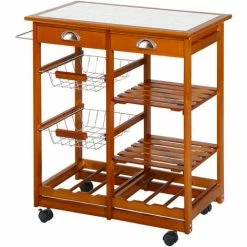 HOMCOM Rolling Kitchen Trolley Cart Drawers Wire Wood Storage Wine Rack