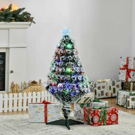 HOMCOM 3ft Artificial Prelit Christmas Tree, Snow Xmas Tree w/ Fiber Optic