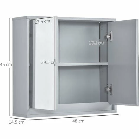 HOMCOM Wall Mounted Mirror Cabinet with Storage Shelf Bathroom Cupboard Grey