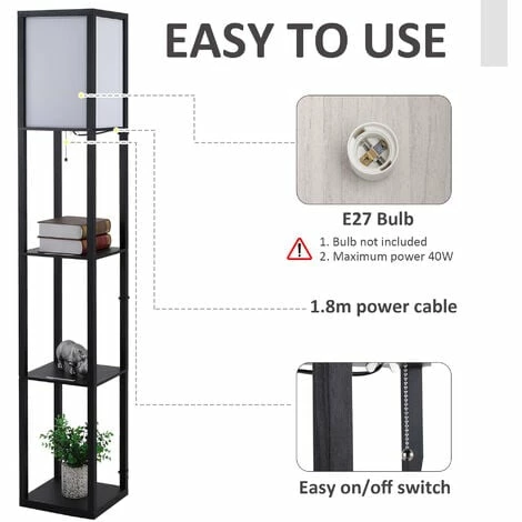HOMCOM Floor Lamp Reading Lamp with 3-Tier Storage Shelf for Home Office, Black