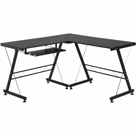 HOMCOM Office Home Gaming Desk Table L Shape Straight Laminated w/ Keyboard Tray Black