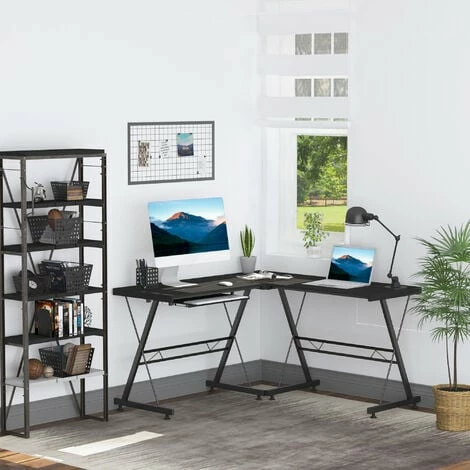 HOMCOM Office Home Gaming Desk Table L Shape Straight Laminated w/ Keyboard Tray Black