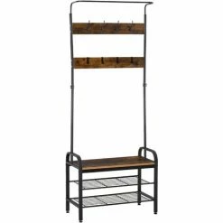 HOMCOM Industrial Coat Rack Stand With 8 Hooks Hangers Storage Cabinet Brown
