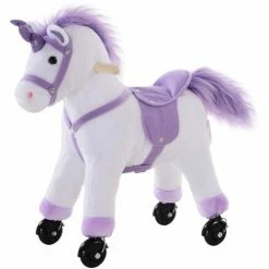HOMCOM Kids Plush Ride-On Unicorn Walking Horse Toy W/Realistic Sound Handlebar