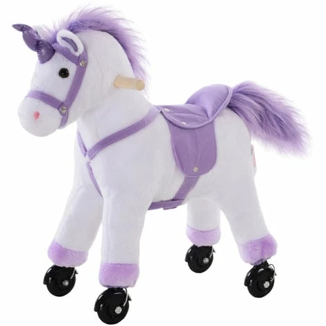 HOMCOM Kids Plush Ride-On Unicorn Walking Horse Toy w/Realistic Sound Handlebar