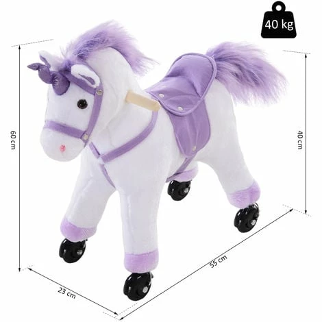 HOMCOM Kids Plush Ride-On Unicorn Walking Horse Toy w/Realistic Sound Handlebar