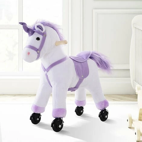 HOMCOM Kids Plush Ride-On Unicorn Walking Horse Toy w/Realistic Sound Handlebar