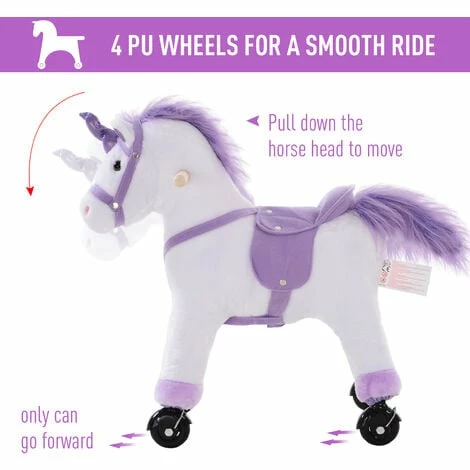 HOMCOM Kids Plush Ride-On Unicorn Walking Horse Toy w/Realistic Sound Handlebar