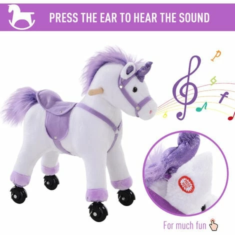HOMCOM Kids Plush Ride-On Unicorn Walking Horse Toy w/Realistic Sound Handlebar