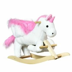 HOMCOM Kids Wooden Ride On Unicorn Rocking Horse Plush Toy Soft Seat Pink