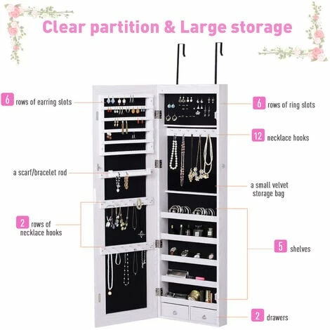 HOMCOM Hanging Mirrored Jewel Storage Cabinet Organiser Lockable w/6 LED White