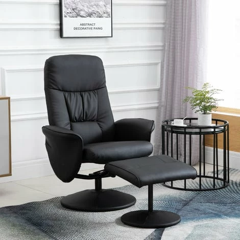 HOMCOM PU Leather 2 Pcs Reclining Armchair w/Ottoman 360°Swivel Home Furniture
