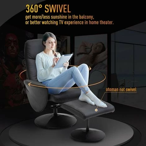 HOMCOM PU Leather 2 Pcs Reclining Armchair w/Ottoman 360°Swivel Home Furniture