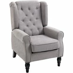 HOMCOM Accent Armchair Home Furniture Retro Tufted Club Wood Fabric Grey