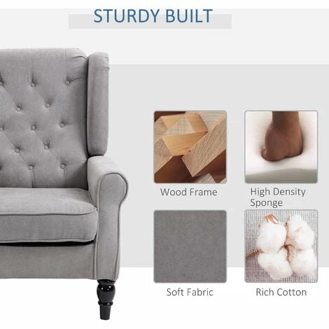HOMCOM Accent Armchair Home Furniture Retro Tufted Club Wood Fabric Grey