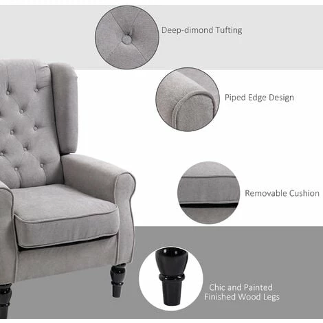 HOMCOM Accent Armchair Home Furniture Retro Tufted Club Wood Fabric Grey