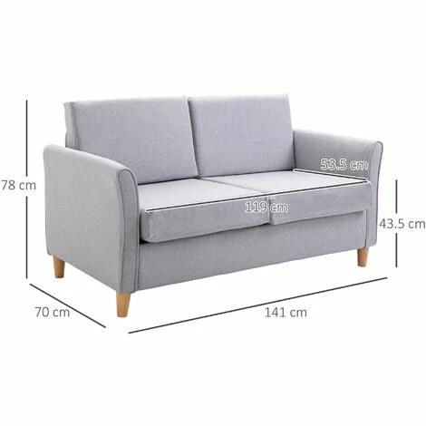 HOMCOM Double Seat Sofa Linen Upholstery Loveseat Couch w/ Armrests, Light Grey