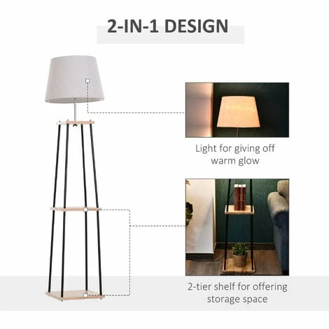 HOMCOM Modern Shelf Floor Lamp Standing Light w/ 2-Tier Shelves for Living Room