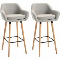 HOMCOM 2 PCs Upholstered Bucket Seat Bar Stools W/ Solid Wood Legs Beige