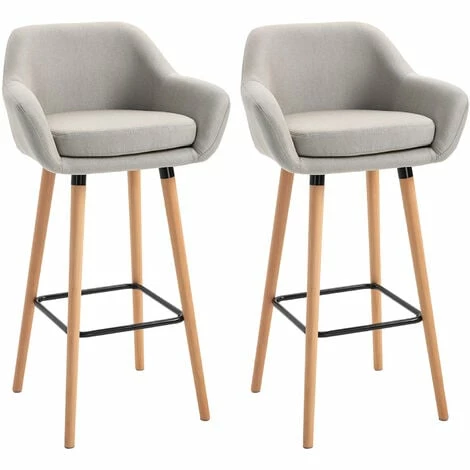 HOMCOM 2 PCs Upholstered Bucket Seat Bar Stools w/ Solid Wood Legs Beige