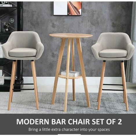 HOMCOM 2 PCs Upholstered Bucket Seat Bar Stools w/ Solid Wood Legs Beige