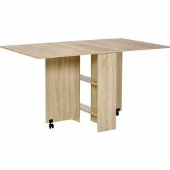 HOMCOM Dining Table Drop Leaf Expandable 6 Person W/ Wheels, Storage Shelf