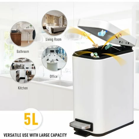 HOMCOM 5L Steel Waste Trash Can Pedal Rubbish Garbage Storage Bucket White