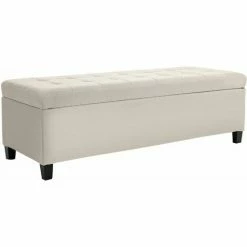HOMCOM Linen Storage Ottoman Bench Padded W/ Tufting Hinged Lid Wood Frame Beige