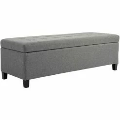 HOMCOM Linen Storage Ottoman Bench Padded W/ Tufting Hinged Lid Wood Frame Grey