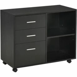 HOMCOM Freestanding Storage Cabinet W/ 3 Drawers 2 Shelves 4 Wheels Office Black