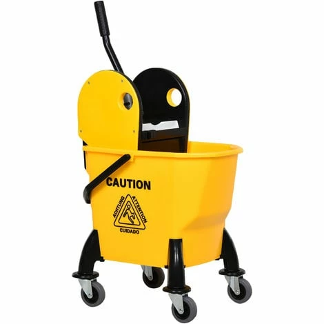 HOMCOM 26L Mop Bucket & Water Wringer 4 Wheels Plastic Body Metal Handle Yellow