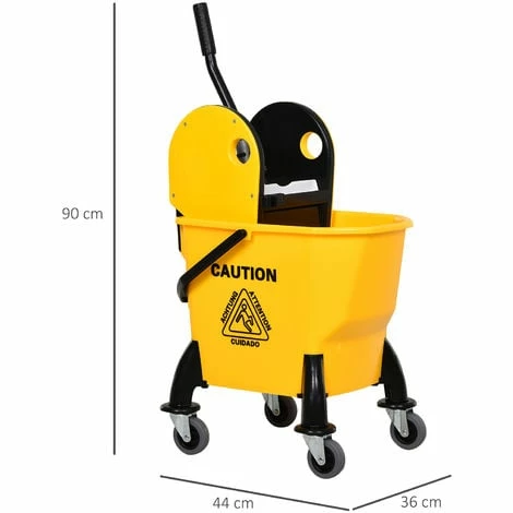 HOMCOM 26L Mop Bucket & Water Wringer 4 Wheels Plastic Body Metal Handle Yellow