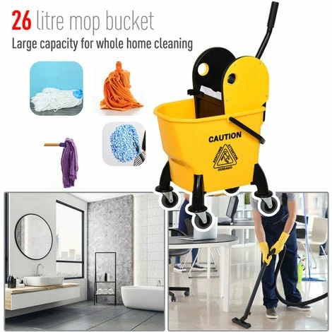 HOMCOM 26L Mop Bucket & Water Wringer 4 Wheels Plastic Body Metal Handle Yellow
