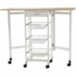 HOMCOM Drop-Leaf Kitchen Trolley W/ 3 Baskets Drawer Surface Top 6 Wheels White
