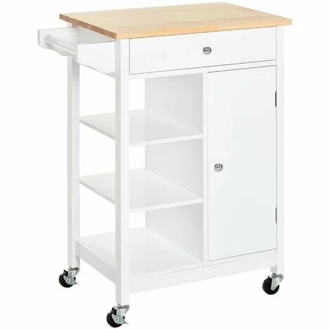 HOMCOM Kitchen Storage Trolley Unit Wood Top Shelves Cupboard Drawer Rail White
