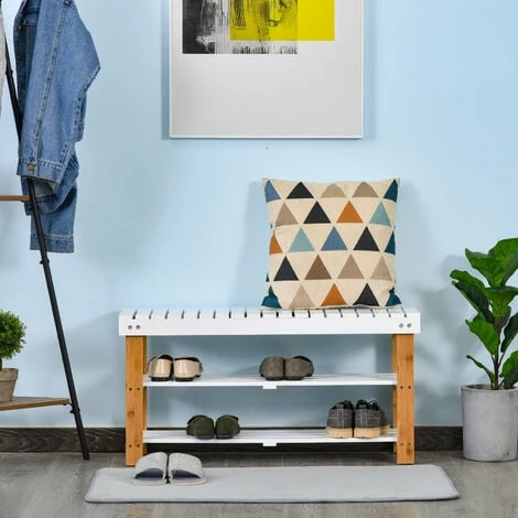 HOMCOM 3-Tier Open Shoe Rack Hidden Storage Wood Frame Wide Shelves Natural