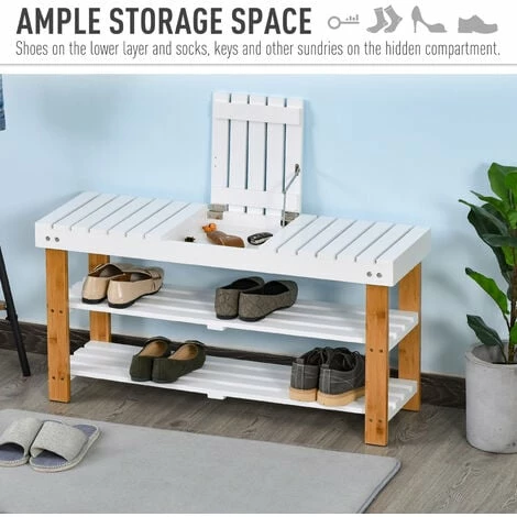 HOMCOM 3-Tier Open Shoe Rack Hidden Storage Wood Frame Wide Shelves Natural