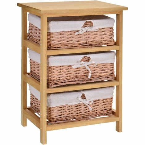 HOMCOM 3 Drawer Wicker Basket Storage Shelf Unit Wooden Frame Home Natural